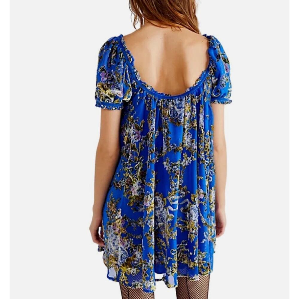 Free People Beautiful Blooms Mini Dress Sz Med Royal Blue Velvet Burnout Floral - Picture 3 of 16